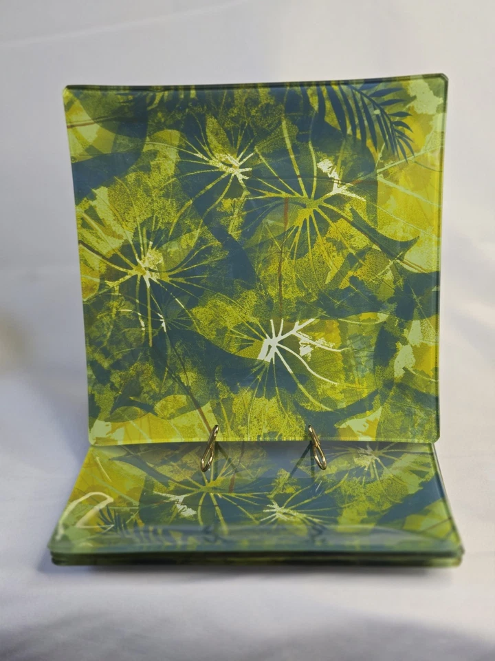 4 Vintage MCM Fused Glass 8" Square Plates Green Blue White Brown Leaves Stems - Image 1 of 3