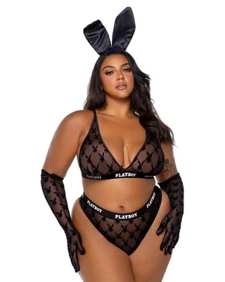 Juego de sujetador Bralette Playboy Flocado Conejito Bralette Negro Malla Logo Talla Grande Foto 1 de 4