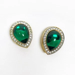 VTG 1970s DS Co Swarovski Emerald Green Teardrop Cabochon Clip-On Earrings - Picture 1 of 4