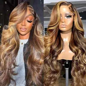 Highlight Brown Body Wave T Part Lace Front Human Hair Wig for Women Pre Plucked - Picture 1 of 16