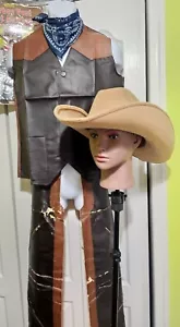 Cowboy Costume Hat Vest Chaps READ Halloween Western Wild West Faux Leather Mens - Picture 1 of 7