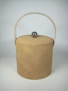 Georges Briard Vintage 1960s Tan Faux Suede Ice Bucket Chrome Knob Lid - Picture 1 of 15