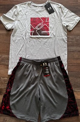 NWT Under Armour Boys YLG Gray/Red/Black/White Basketball Shorts Set Large - Image 1 of 4