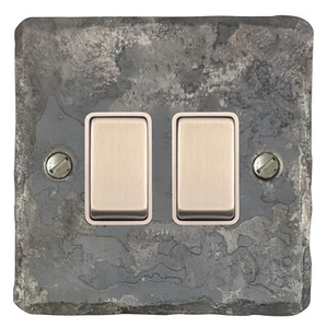 G&H FR202 Flat Plate Rustic Silver 2 Gang 1 or 2 Way Rocker Light Switch - Picture 1 of 1