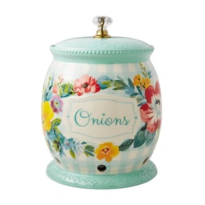 Pioneer Frau Zwiebelhalterin mit Deckel süß Romantik Blumenmuster blau Gingham 7,4 Zoll Keramik - Bild 1 von 5