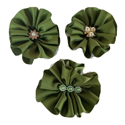 Grosgrain Ribbon Flower 3 Inch For Crafting Olive Green Lot Of 3 - Image 1 of 4