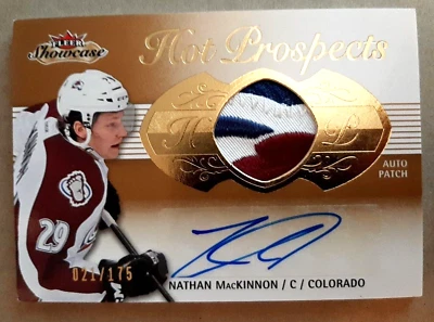 NATHAN MacKINNON ROOKIE AUTO /175 PATCH 2013-14 FLEER SHOWCASE HOT PROSPECTS 207 - Image 1 of 4