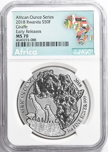 2018 Rwanda S50F NGC MS 70 Giraffe Early Releases African Ounce Series  - Picture 1 of 6