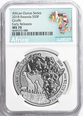2018 Rwanda S50F NGC MS 70 Giraffe Early Releases African Ounce Series  - Image 1 of 4