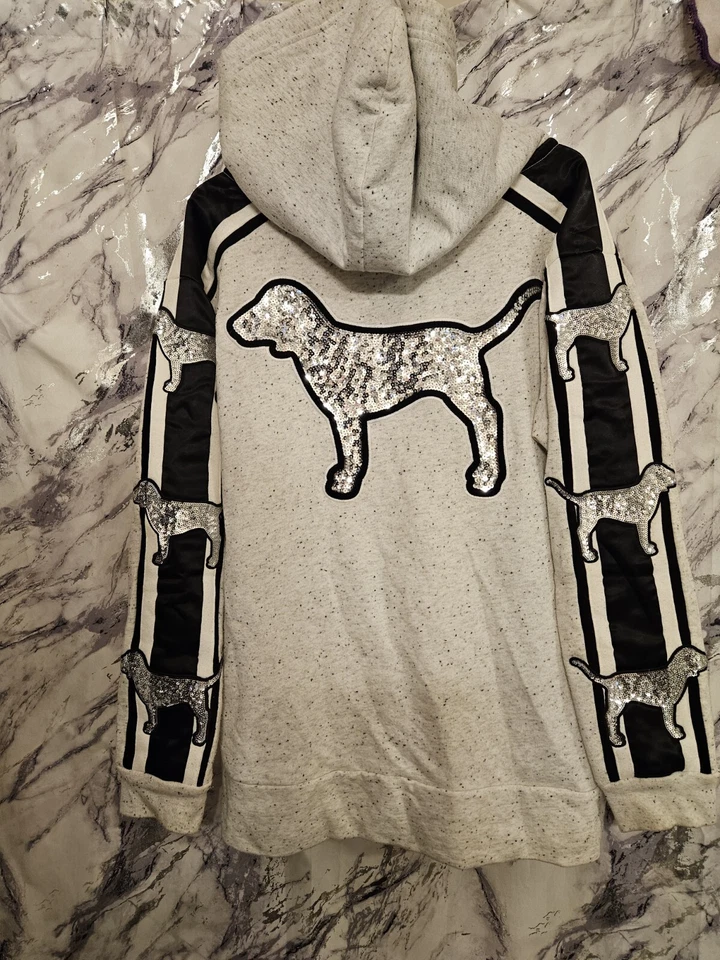 Rosa Bling Campus Sherpa Capucha Qz Túnica Sudadera con Capucha Gris Jaspeado Lentejuelas Perro Talla L VS Foto 1 de 4