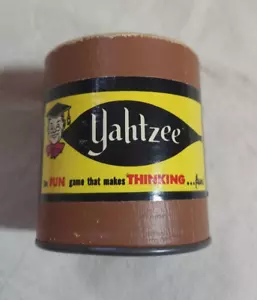 Vintage Yahtzee Dice Shaker Cup Leather Print Can - Picture 1 of 4