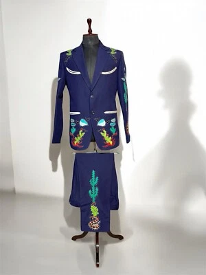 Traje de vaquero bordado de cactus personalizado azul de diseñador de 2 piezas para hombre Foto 1 de 4