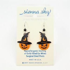 Sienna Sky Earrings Halloween Pumpkin with Witch Hat and Black Rhinestone Eyes
