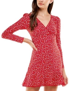City Studios Juniors' Lace-Trim Puff-Shoulder Dress Red Cream-LARGE - Picture 1 of 3