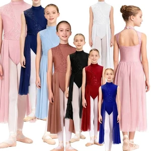 Kids Girls Leotard Tulle Dresses Jazz Dancewear Stage Mock Neck Training Dance - Picture 1 of 64
