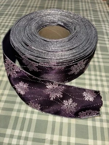 HOLIDAY SNOWFLAKES PLUM PINK & SILVER GLITTER LG ROLL WIRE EDGE RIBBON 3in NICE - Picture 1 of 8
