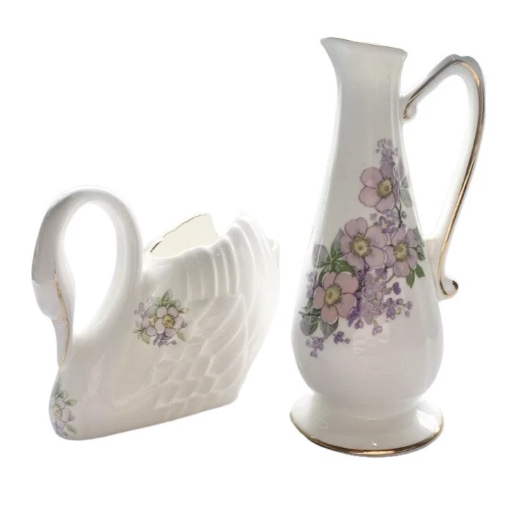 ROYAL TARA Vintage Bone China Swan Vase White Purple Floral Set Ireland Gilt - image 1 of 4