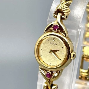 【Near Mint】 SEIKO 1E20-0430 16mm Gold Dial 2P Stone Quartz Woman's Watch JAPAN - Picture 1 of 17