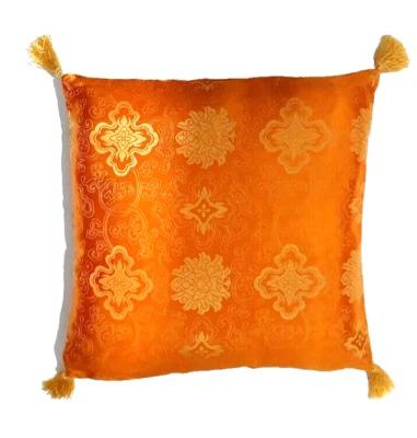 Oriental Chinese Asian Faux Silk Brocade Floral Tassel Cushion Cover Orange SALE - Image 1 of 3