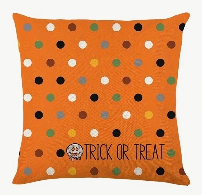 Trick Or Treat Polka Dot Fun Linen Halloween Throw Pillow Cover Home Decor 18” - Image 1 of 3