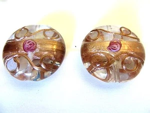 Puffed Murano Lampwork Round Clear Glass Beads Rose Gold Pink Design Quantity 2 - Picture 1 of 2