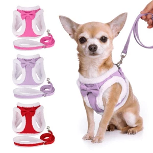 Cute Bow Dog Harness and Lead set Warm Pet Puppy Vest Jacket Fleece Padded XS-M - Picture 1 of 22