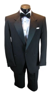 36 R Basic Black Wool Tuxedo Coat Pants Shirt Vest tie Complete Tux Mason Cruise - Image 1 of 4