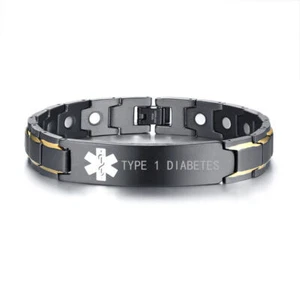 SOS Men Medical Alert Magnet BIO Therapy Healing Bracelet Chain TYPE 1 DIABETES - Picture 1 of 9