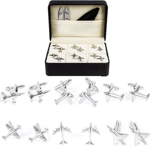 Plane Airplane Pilot Jets Flight Attendant 6 Pairs of Cufflinks Fancy Gift Box - Picture 1 of 8