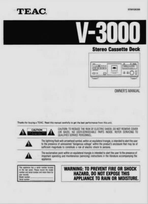 Teac V-3000 Kassettenspieler - Bedienungsanleitung - BENUTZERHANDBUCH