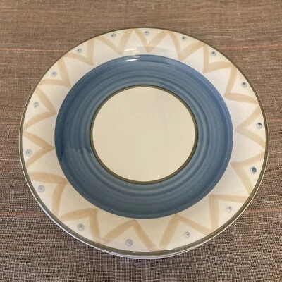 Gibson Dinnerware 7 3/4” Salad plate Blue Stripe Dot Taz Zig Zag Rare Set of 4 - Image 1 of 4