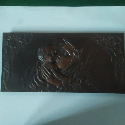 BRONZO Bassorilievo in stile liberty art nouveau Madonna col Bambino con telaio  - Immagine 1 di 4