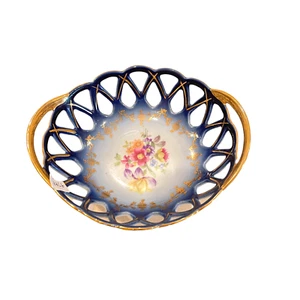 VTG Signed Martinroda Germany Reticulated Porcelain Bowl Cobalt Gilded Floral - Picture 1 of 7