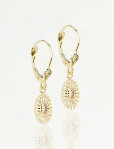 14k Yellow Gold CZ Guadalupe Oval Dangle Leverback Pierced Earrings - Picture 1 of 6
