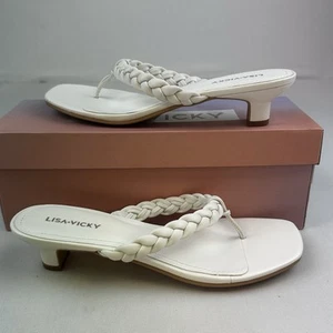 NEW Lisa Vicky Beauty Heeled Flip Flop Sandals Sz 8 White Sheep Braid - Picture 1 of 9