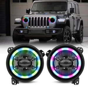 9" Round LED RGB Headlights Chasing Halo Light For Jeep Wrangler JL Gladiator - Foto 1 di 10