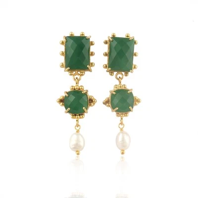Серьги-капли с зеленым и черным ониксом жемчуг позолота 18 карат дизайнерские ювелирные изделия - Изображение 1 из 4