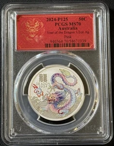 2024 1/2 Oz .999 Silver Australia Year of the Dragon Pink 50 Cents PCGS MS70!! - Picture 1 of 2