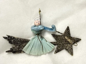 Vintage handgefertigter Weihnachtsengel Ornament - Frankreich ~ Papier/Pfeife Clnr ~ Glitzer - Bild 1 von 7