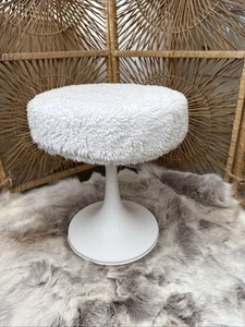 Vintage Tulip Dressing Table Stool White Fluffy Covered Bedroom Stool - Picture 1 of 8