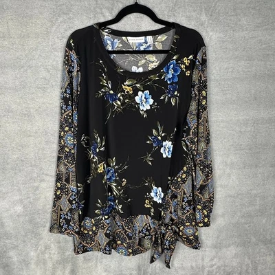 Top Susan Graver para mujer 2X negro floral manga larga elástico corbata delantera carrera Foto 1 de 4