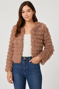 She + Sky Women’s Fringe Cardigan Jacket M Medium Mauve Shaggy NWT - Picture 1 of 8