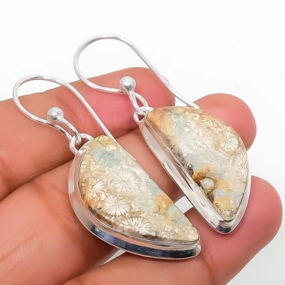 Pendiente de joyería de plata de ley 925 hecho a mano con piedras preciosas de coral fósil 1,97 "o398 Foto 1 de 3