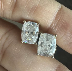 Elongated Cushion Cut Moissanite Stud Earrings Women Solitaire Stud Screw Back - Picture 1 of 12
