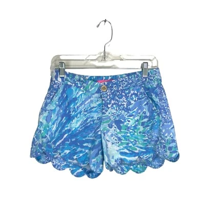 Pantalones Cortos Lilly Pulitzer Algodón Festoneado Azul Verde Blanco Acuarela Resort Talla 0 Foto 1 de 4