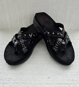 Harley Davidson Womens Flip Flop Distressed Patin With Studs Black Sandals Sz6.5 - Picture 1 of 14