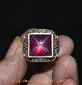 1.2" Old Chinese Silver Cloisonne inlay purple gem Benevolence jewelry Ring - Picture 1 of 6