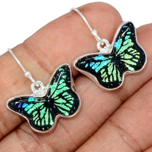 Glass Butterfly - Dichroic Glass 925 Sterling Silver Earrings Jewelry CE39597 - Picture 1 of 1