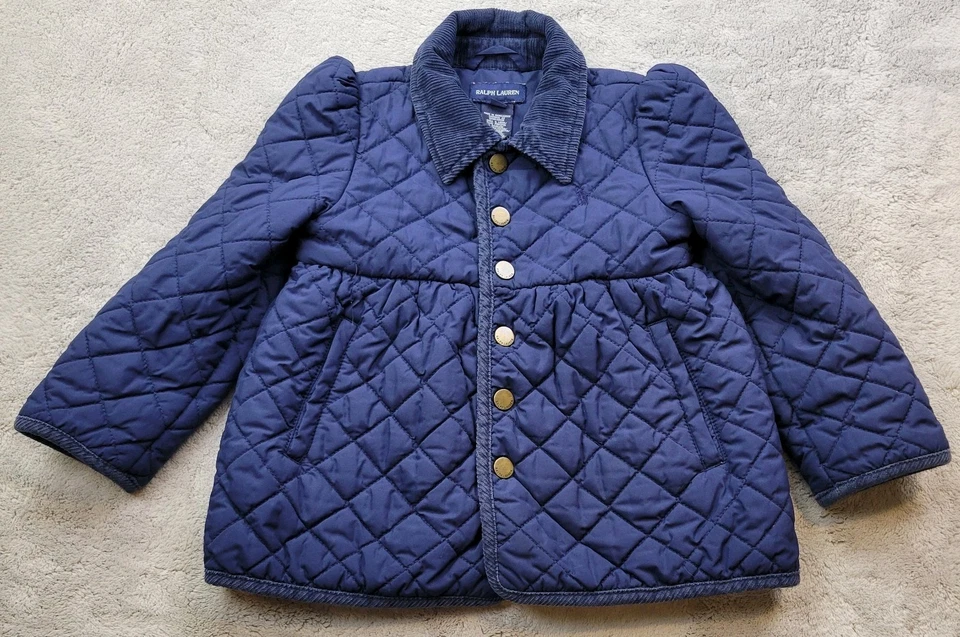 Ralph Lauren 绗缝夹克女孩 4/4T 蓝色卡扣灯芯绒领口袋 — 第 1/4 张图片