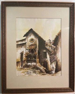 De Colección Pintura Acuarela Pueblo Casa Firmada Buiz Mexicana Española Casa Enmarcada Foto 1 de 4